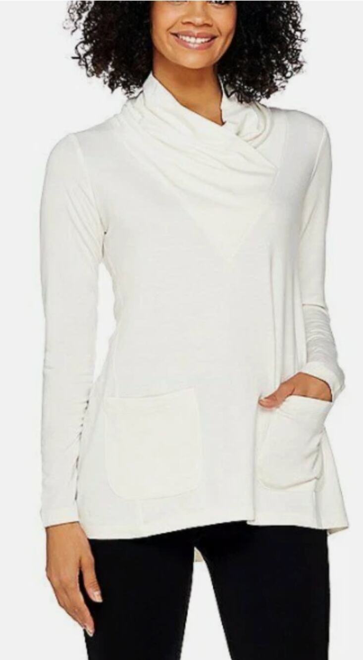 LOGO Lounge Lori Goldstein French Terry Shawl Neck Top Antique White Womens XXS